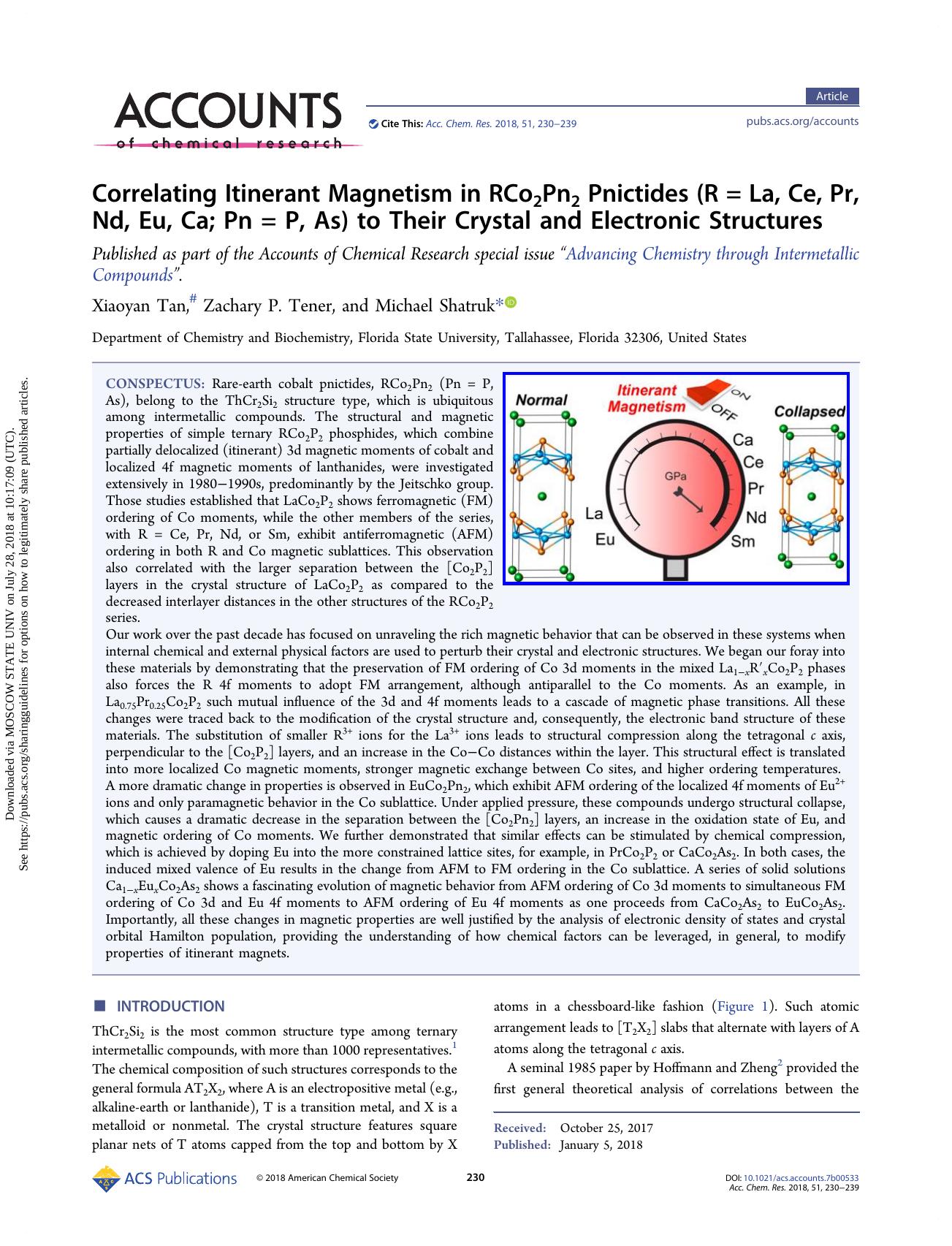 Correlating Itinerant Magnetism in RCo2Pn2 Pnictides (R = La, Ce, Pr, Nd, Eu, Ca; Pn = P, As) to Their Crystal and Electronic Structures by Xiaoyan Tan Zachary P. Tener & Michael Shatruk