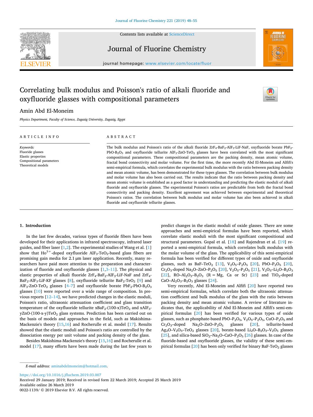 Correlating bulk modulus and Poisson's ratio of alkali fluoride and oxyfluoride glasses with compositional parameters by Amin Abd El-Moneim
