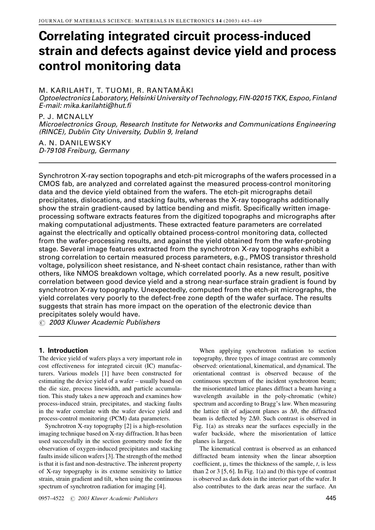 Correlating integrated circuit process-induced strain and defects against device yield and process control monitoring data by Unknown