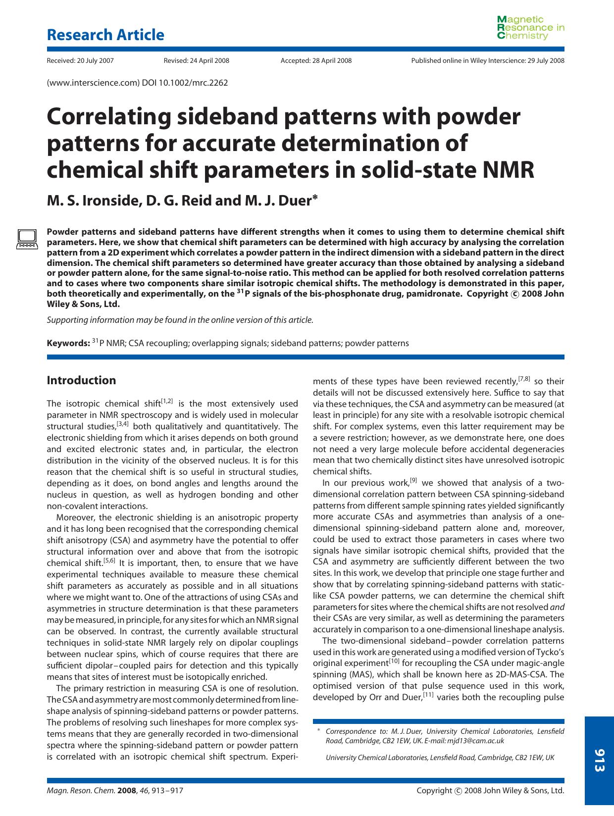 Correlating sideband patterns with powder patterns for accurate determination of chemical shift parameters in solid-state NMR by Unknown
