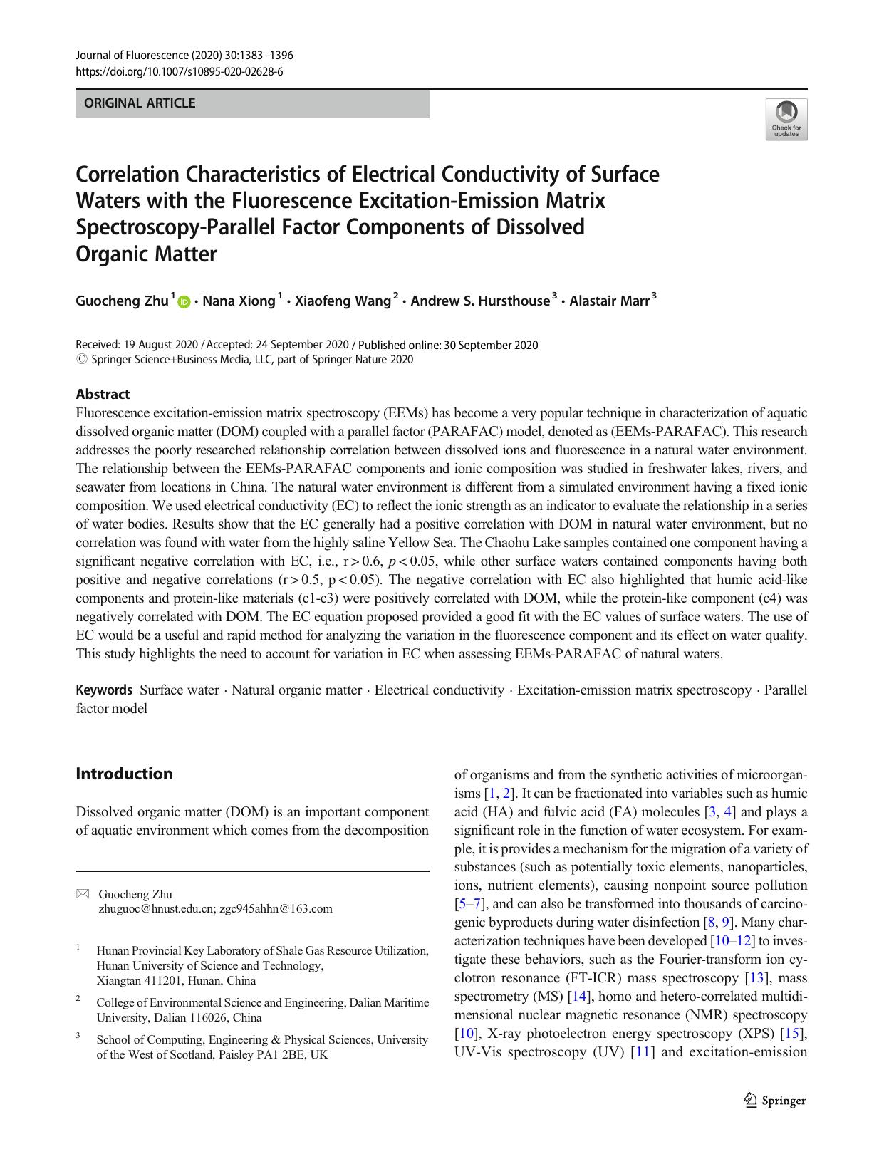 Correlation Characteristics of Electrical Conductivity of Surface Waters with the Fluorescence Excitation-Emission Matrix Spectroscopy-Parallel Factor Components of Dissolved Organic Matter by Guocheng Zhu & Nana Xiong & Xiaofeng Wang & Andrew S. Hursthouse & Alastair Marr