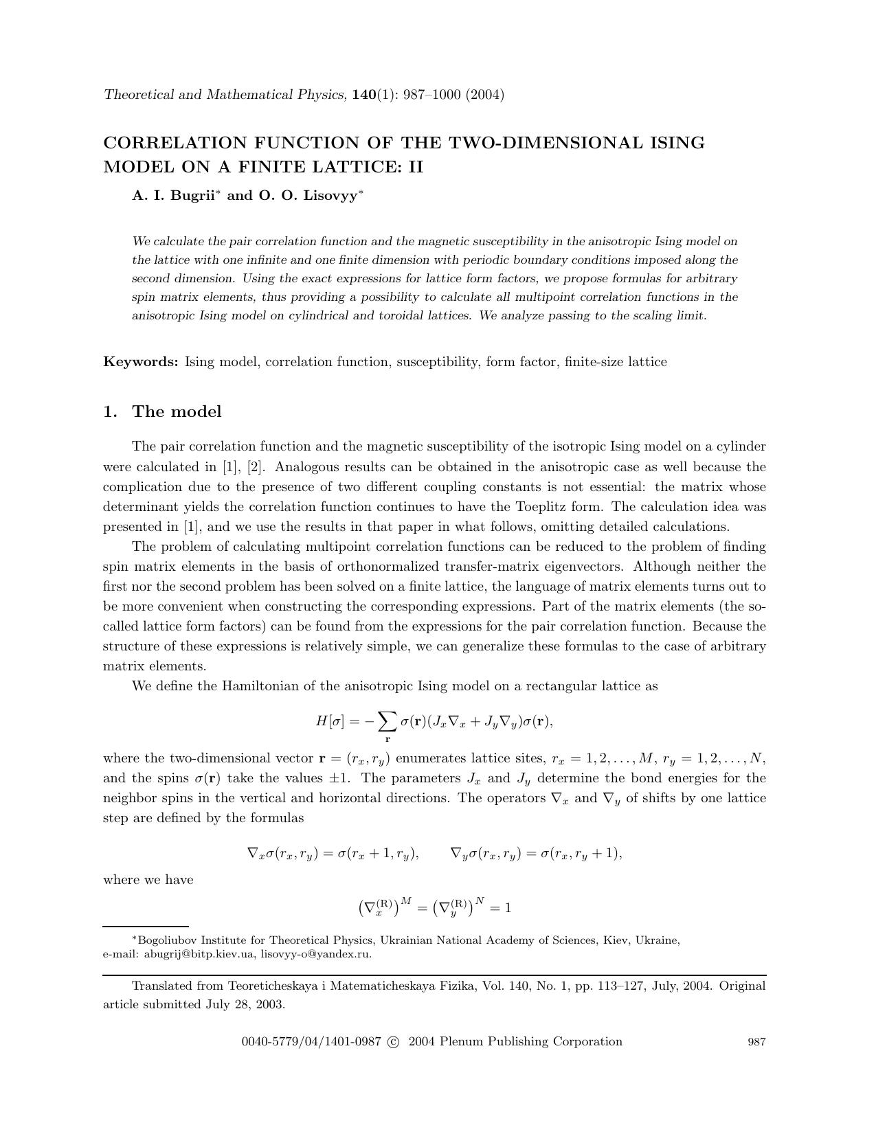 Correlation Function of the Two-Dimensional Ising Model on a Finite Lattice: II by Unknown