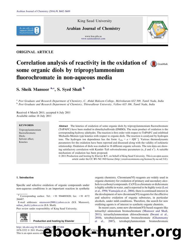 Correlation analysis of reactivity in the oxidation of some organic diols by tripropylammonium fluorochromate in non-aqueous media by S. Sheik Mansoor & S. Syed Shafi