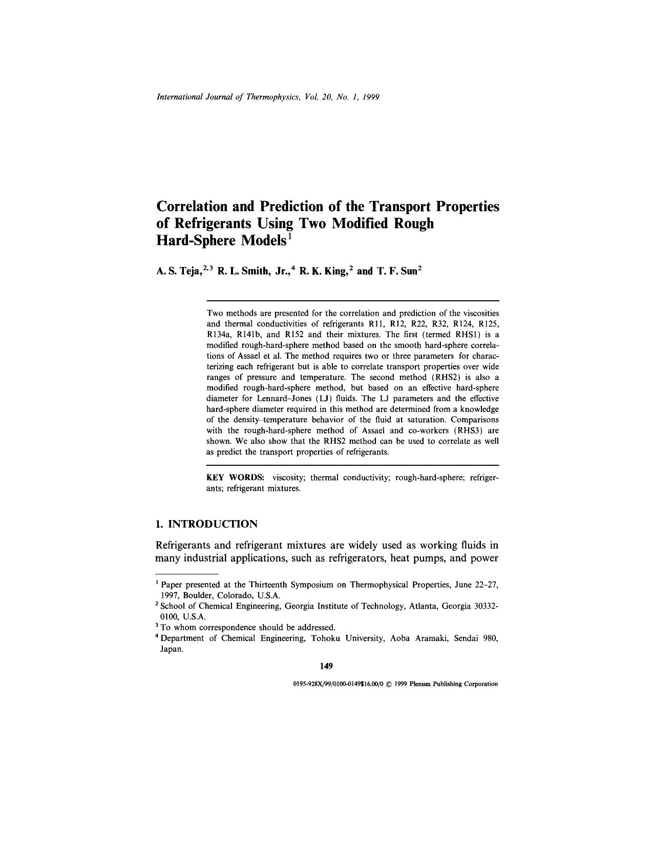 Correlation and Prediction of the Transport Properties of Refrigerants Using Two Modified Rough Hard-Sphere Models by Unknown