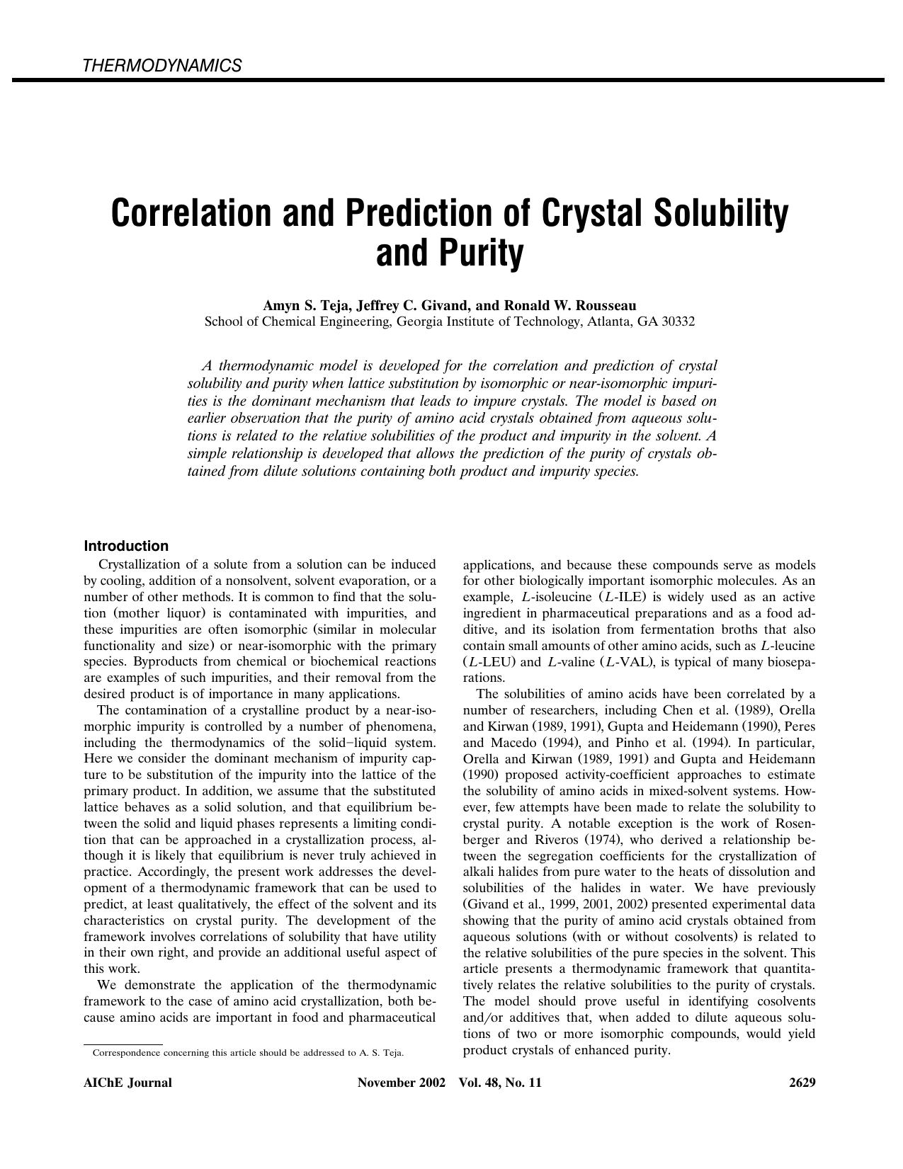 Correlation and prediction of crystal solubility and purity by ?