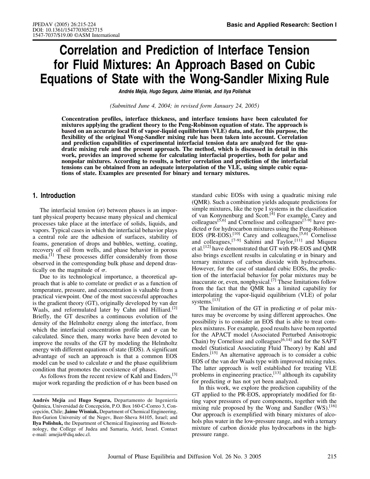 Correlation and prediction of interface tension for fluid mixtures: An approach based on cubic equations of state with the wong-sandler mixing rule by Unknown