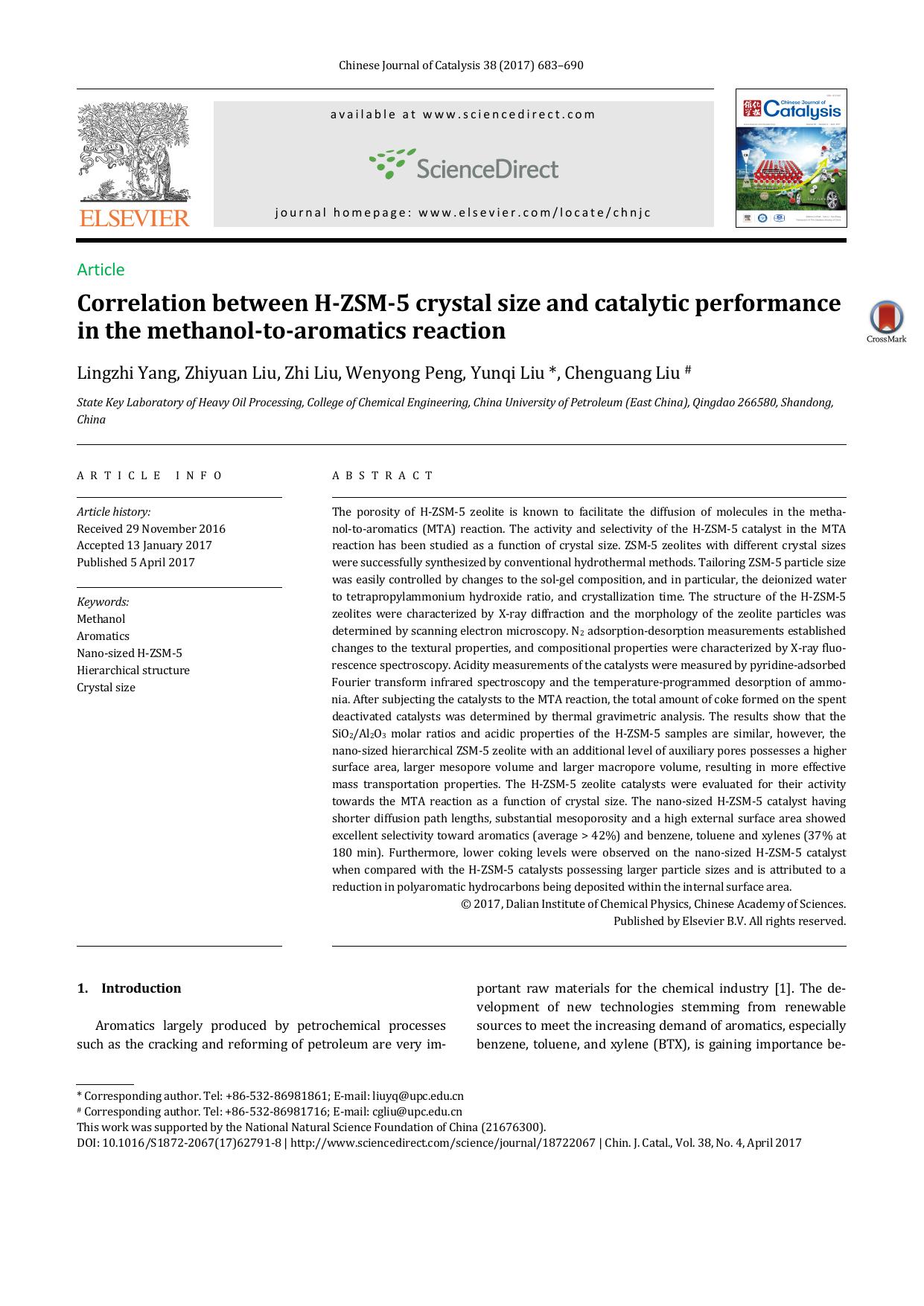 Correlation between H-ZSM-5 crystal size and catalytic performance in the methanol-to-aromatics reaction by Lingzhi Yang