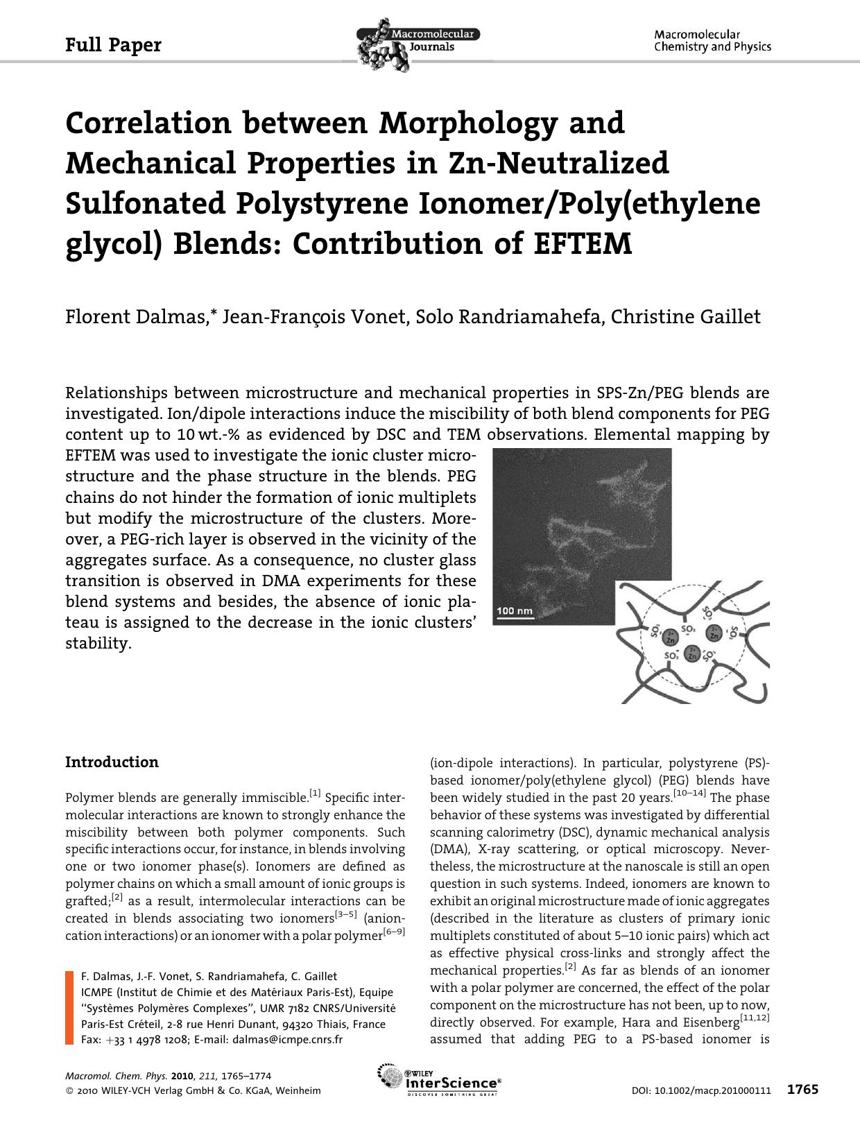 Correlation between Morphology and Mechanical Properties in ZnNeutralized Sulfonated Polystyrene IonomerPoly(ethylene glycol) Blends: Contribution of EFTEM by Unknown