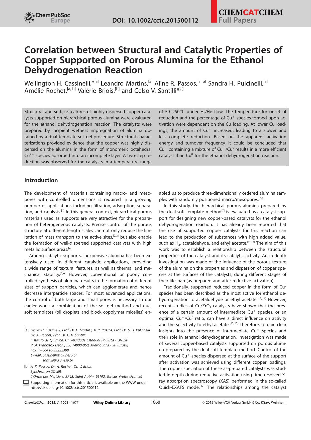 Correlation between Structural and Catalytic Properties of Copper Supported on Porous Alumina for the Ethanol Dehydrogenation Reaction by Unknown