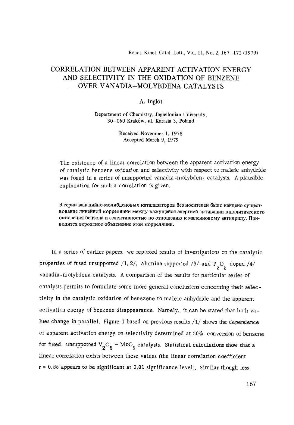 Correlation between apparent activation energy and selectivity in the oxidation of benzene over vanadia-molybdena catalysts by Unknown