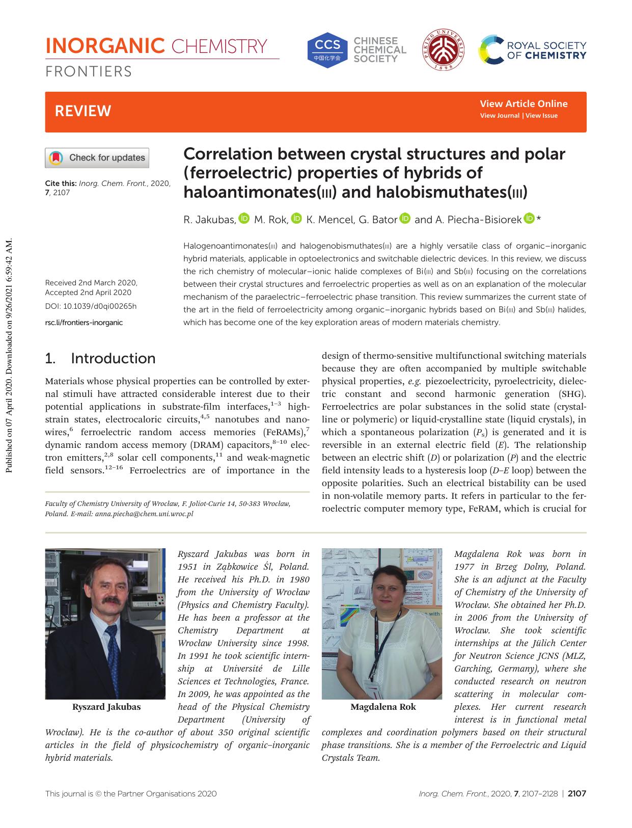 Correlation between crystal structures and polar (ferroelectric) properties of hybrids of haloantimonates(III) and halobismuthates(III) by R. Jakubas M. Rok K. Mencel G. Bator A. Piecha-Bisiorek