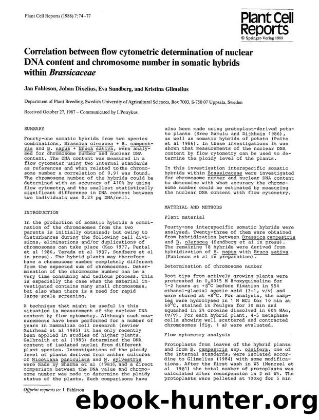 Correlation between flow cytometric determination of nuclear DNA content and chromosome number in somatic hybrids within <Emphasis Type="Italic">Brassicaceae<Emphasis> by Unknown