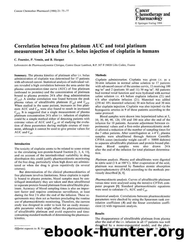 Correlation between free platinum AUC and total platinum measurement 24 h after i.v. bolus injection of cisplatin in humans by Unknown