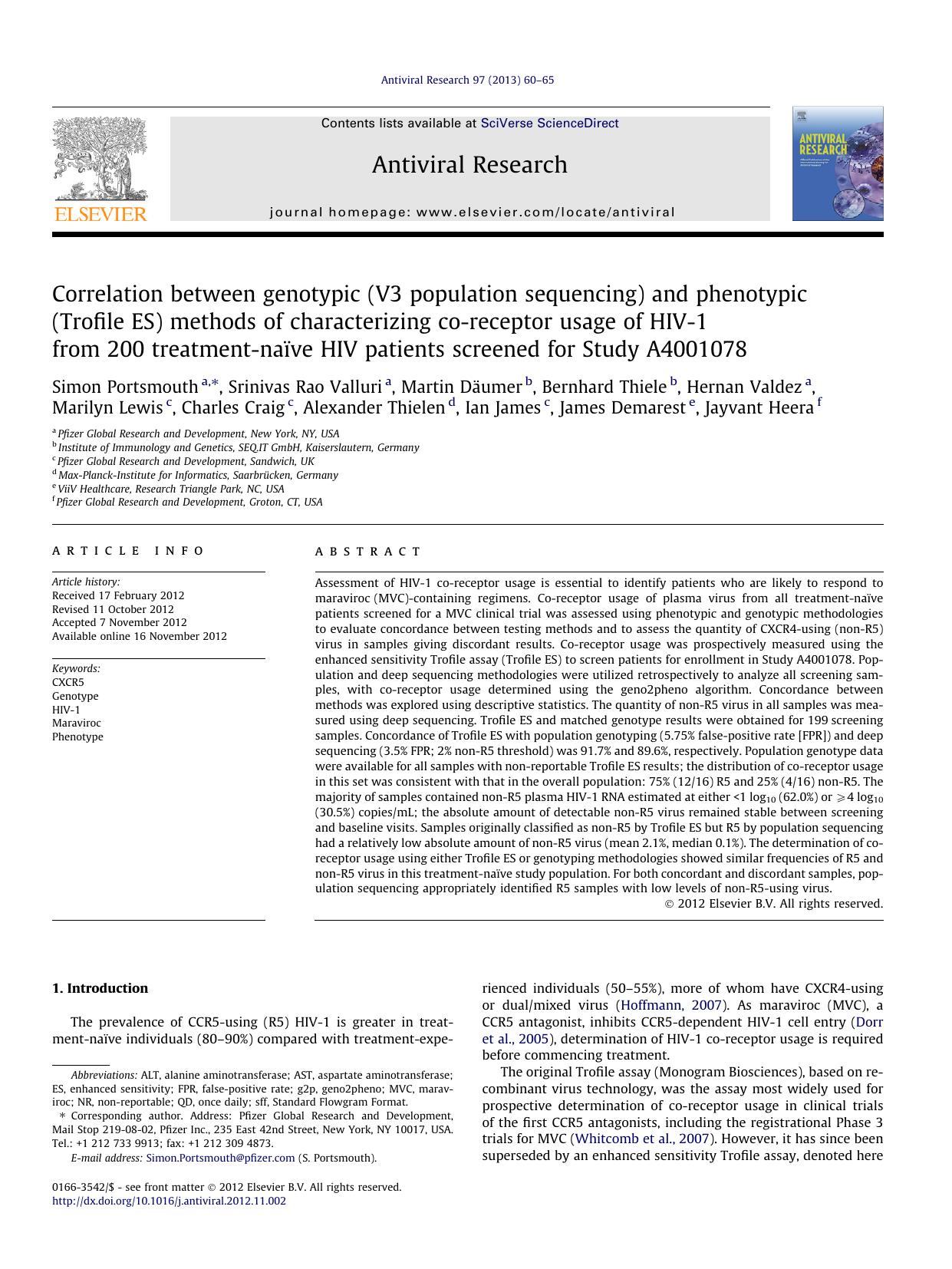 Correlation between genotypic (V3 population sequencing) and phenotypic (Trofile ES) methods of characterizing co-receptor usage of HIV-1 from 200 treatment-naÃÂ¯ve HIV patients s by unknow