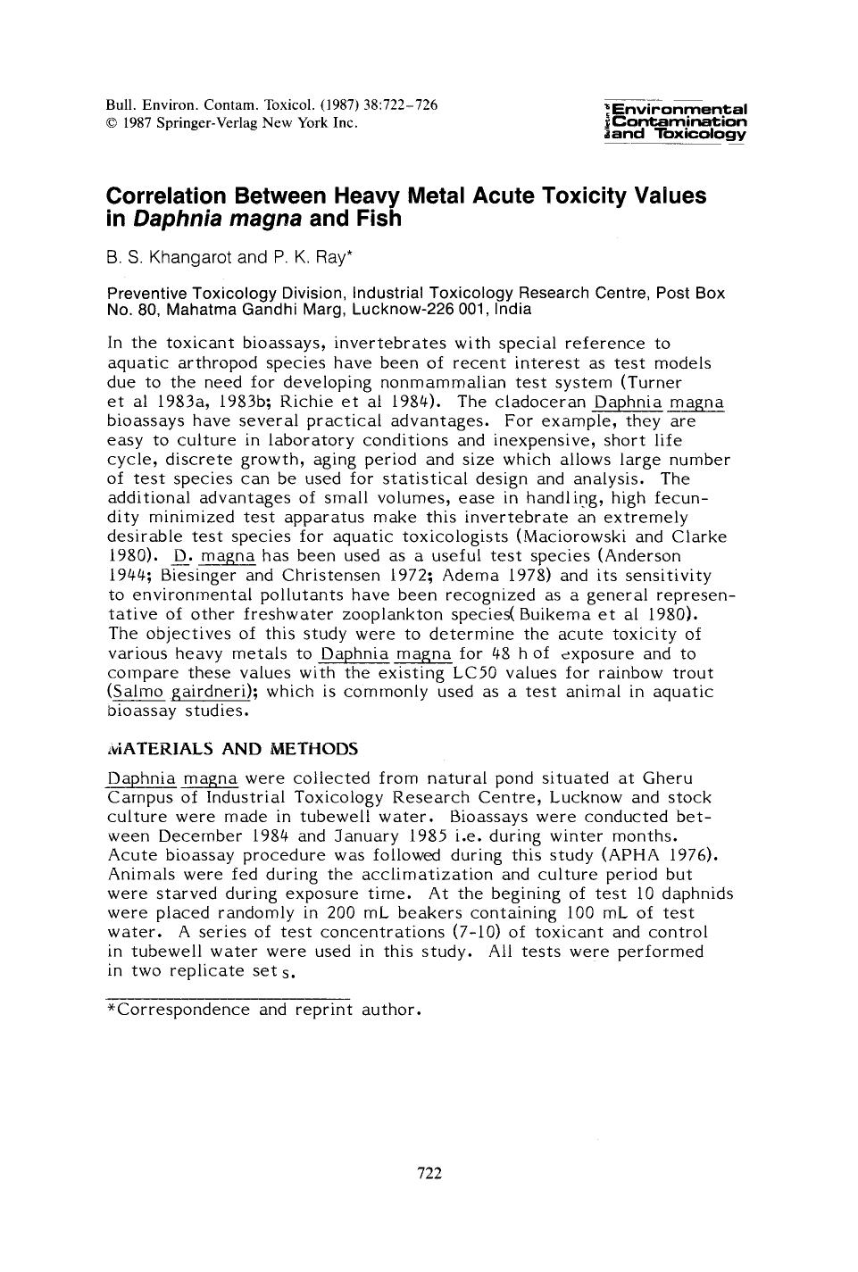 Correlation between heavy metal acute toxicity values in <Emphasis Type="Italic">Daphnia magna <Emphasis> and fish by Unknown