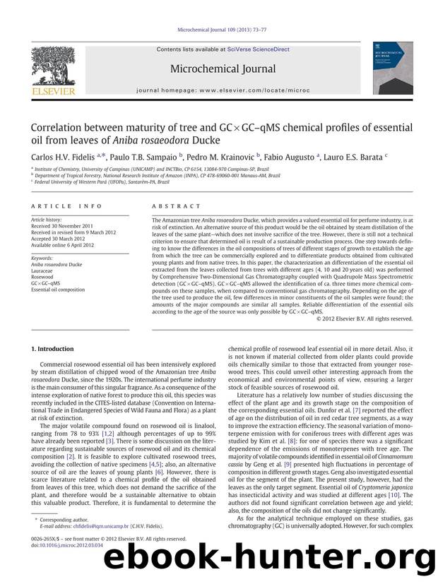 Correlation between maturity of tree and GCÃGCâqMS chemical profiles of essential oil from leaves of Aniba rosaeodora Ducke by Carlos H.V. Fidelis & Paulo T.B. Sampaio & Pedro M. Krainovic & Fabio Augusto & Lauro E.S. Barata