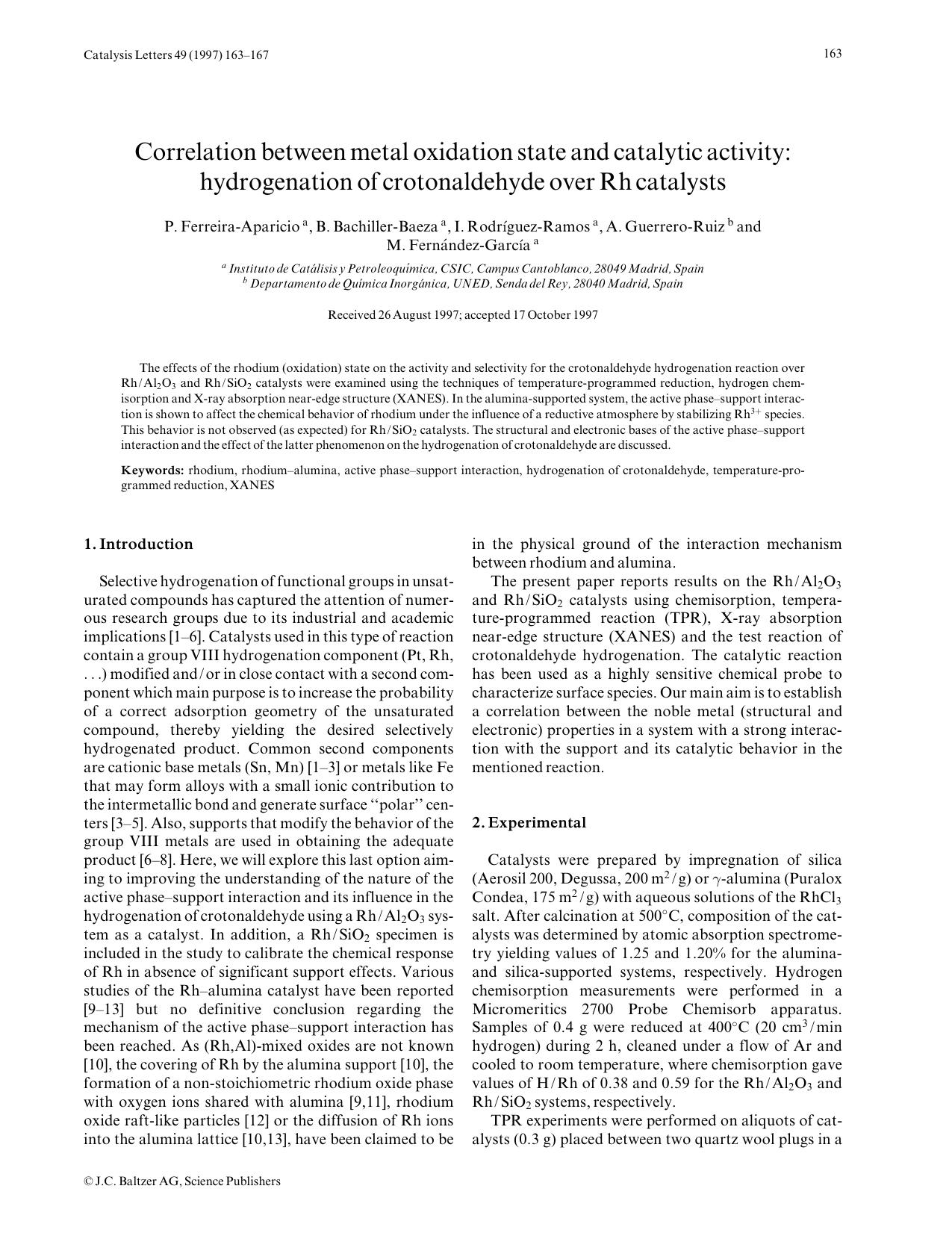 Correlation between metal oxidation state and catalytic activity: hydrogenation of crotonaldehyde over Rh catalysts by Unknown