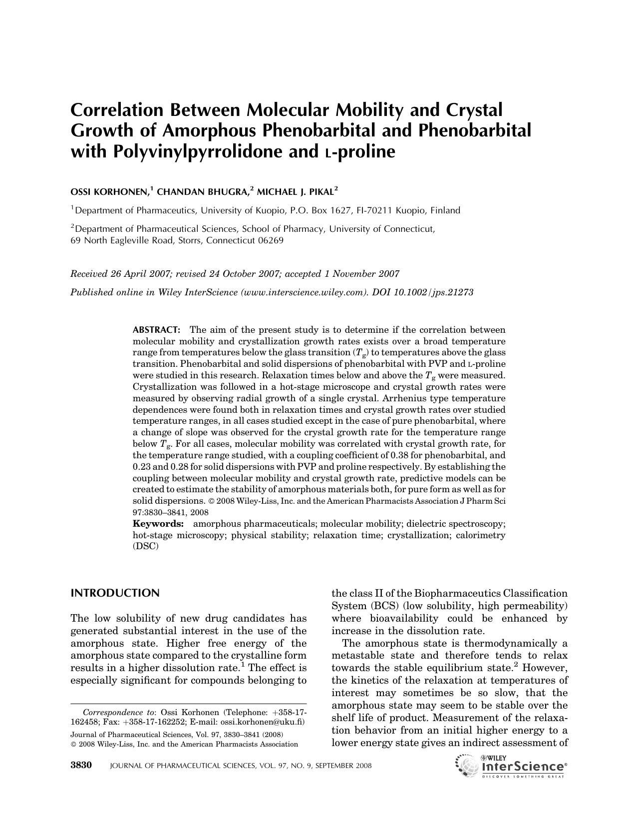 Correlation between molecular mobility and crystal growth of amorphous phenobarbital and phenobarbital with polyvinylpyrrolidone and L-proline by Unknown