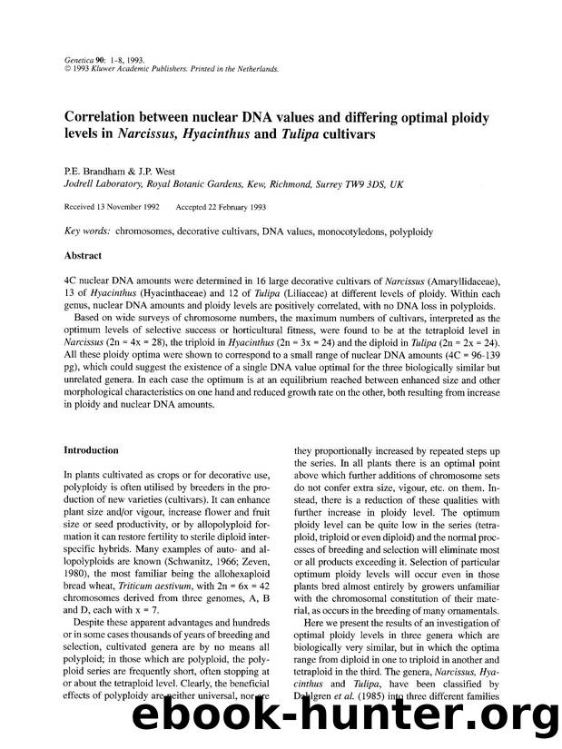 Correlation between nuclear DNA values and differing optimal ploidy levels in <Emphasis Type="Italic">Narcissus, Hyacinthus <Emphasis> and <Emphasis Type="Italic">Tulipa <Emphasis> cultivars by Unknown