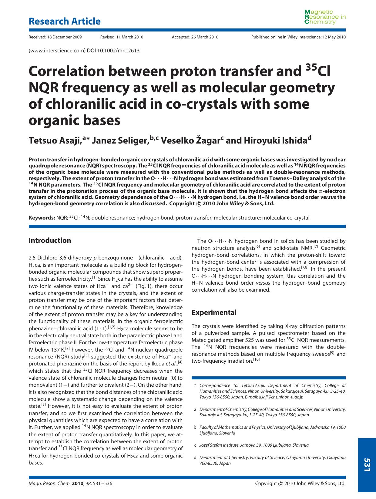 Correlation between proton transfer and 35Cl NQR frequency as well as molecular geometry of chloranilic acid in co?crystals with some organic bases by Unknown