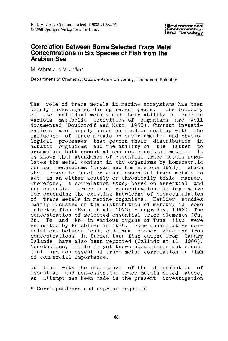 Correlation between some selected trace metal concentrations in six species of fish from the Arabian sea by Unknown