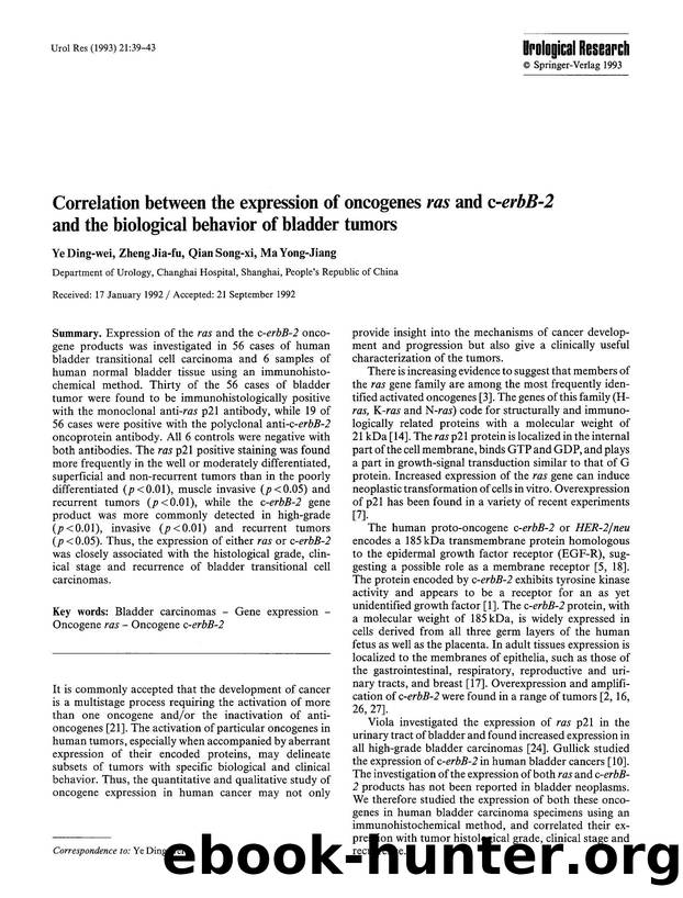 Correlation between the expression of oncogenes <Emphasis Type="Italic">ras<Emphasis> and c-<Emphasis Type="Italic">erbB-2<Emphasis> and the biological behavior of bladder tumors by Unknown