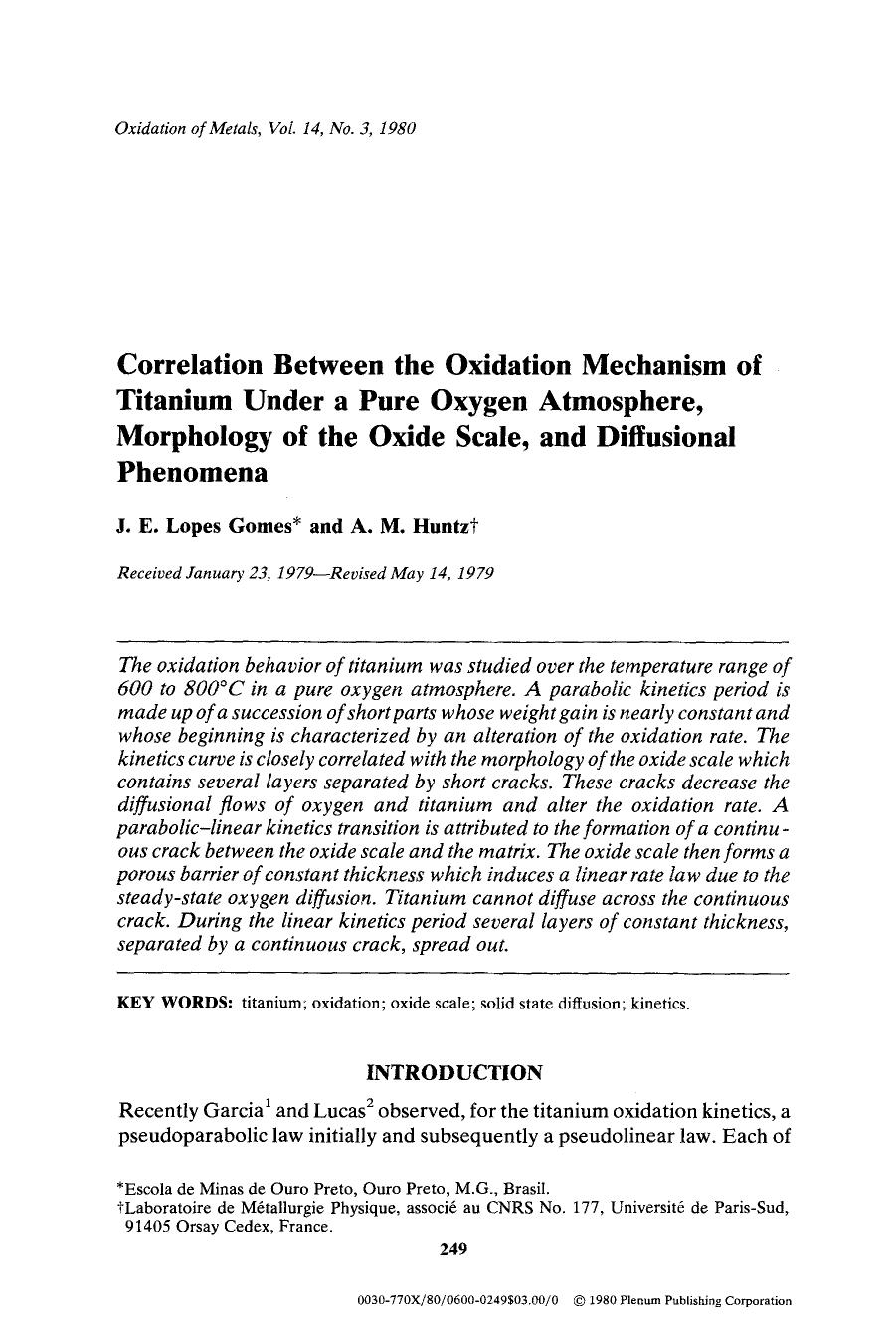 Correlation between the oxidation mechanism of titanium under a pure oxygen atmosphere, morphology of the oxide scale, and diffusional phenomena by Unknown