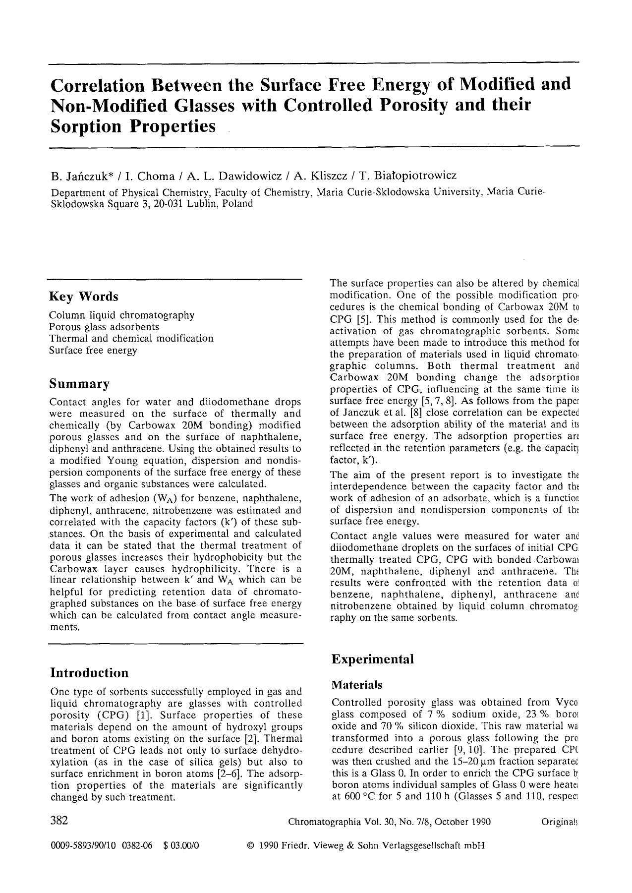 Correlation between the surface free energy of modified and non-modified glasses with controlled porosity and their sorption properties by Unknown