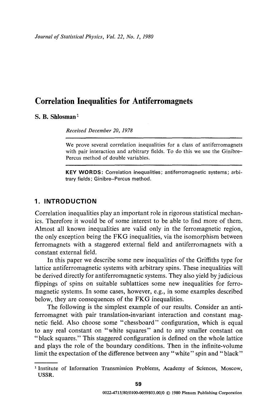 Correlation inequalities for antiferromagnets by Unknown