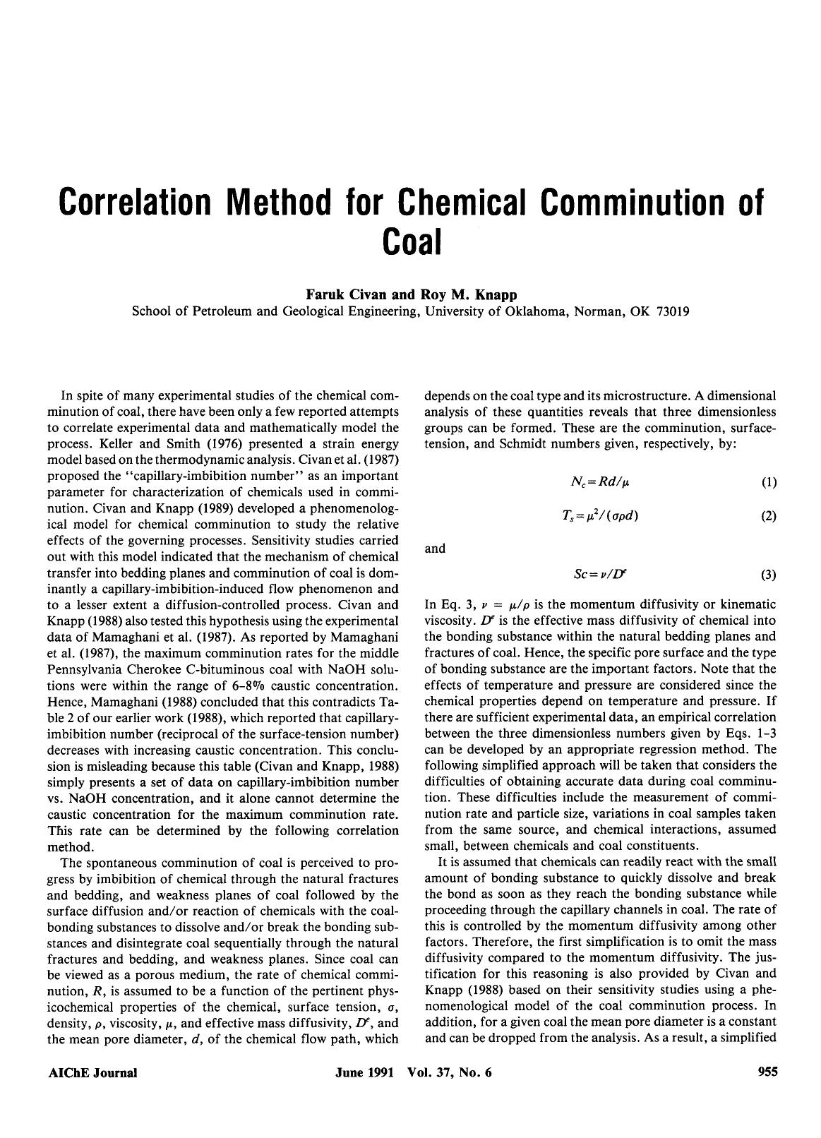 Correlation method for chemical communication of coal by Unknown