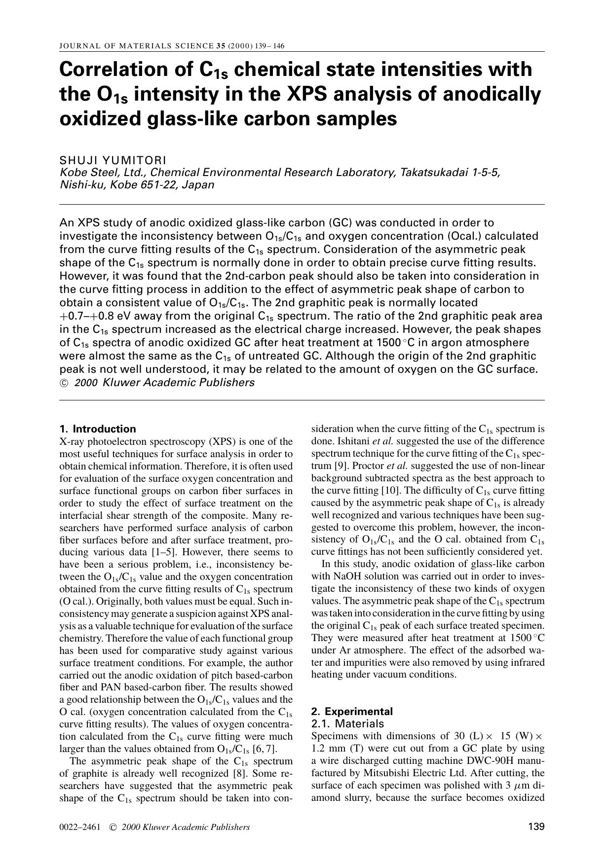 Correlation of C1s chemical state intensities with the O1s intensity in the XPS analysis of anodically oxidized glass-like carbon samples by Unknown