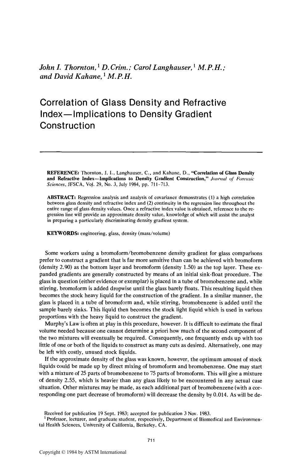Correlation of Glass Density and Refractive IndexÅImplications to Density Gradient Construction by Thornton JI Langhauser C Kahane D
