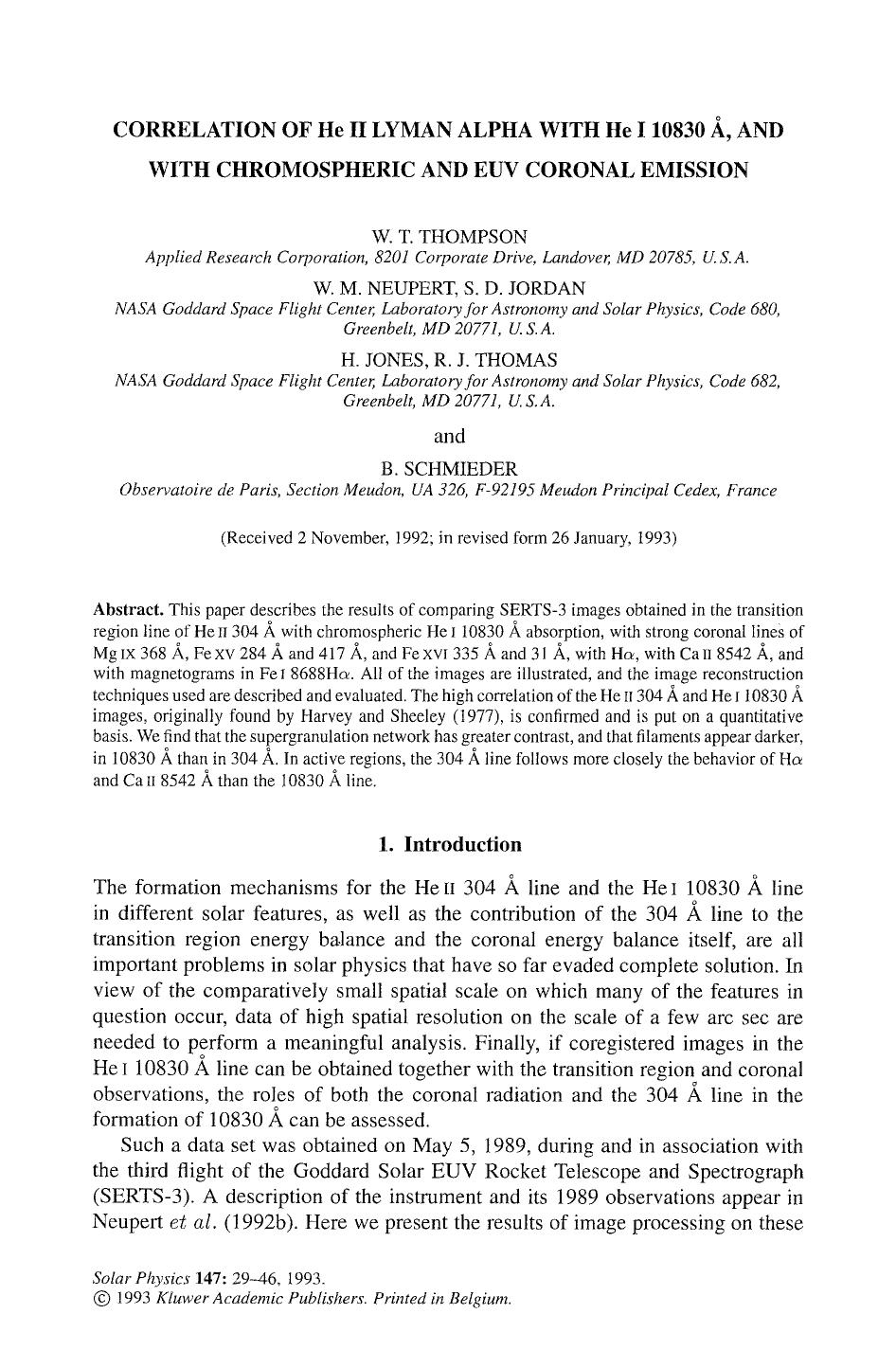 Correlation of He II lyman alpha with He I 10830 &#x212B;, and with chromospheric and EUV coronal emission by Unknown