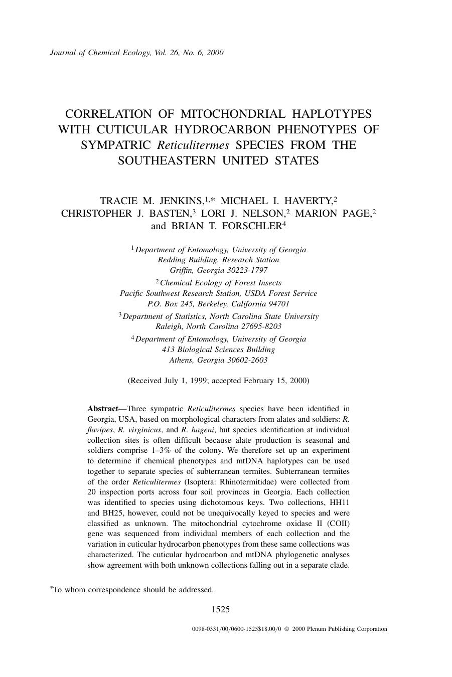 Correlation of Mitochondrial Haplotypes with Cuticular Hydrocarbon Phenotypes of Sympatric Reticulitermes Species from the Southeastern United States by Unknown