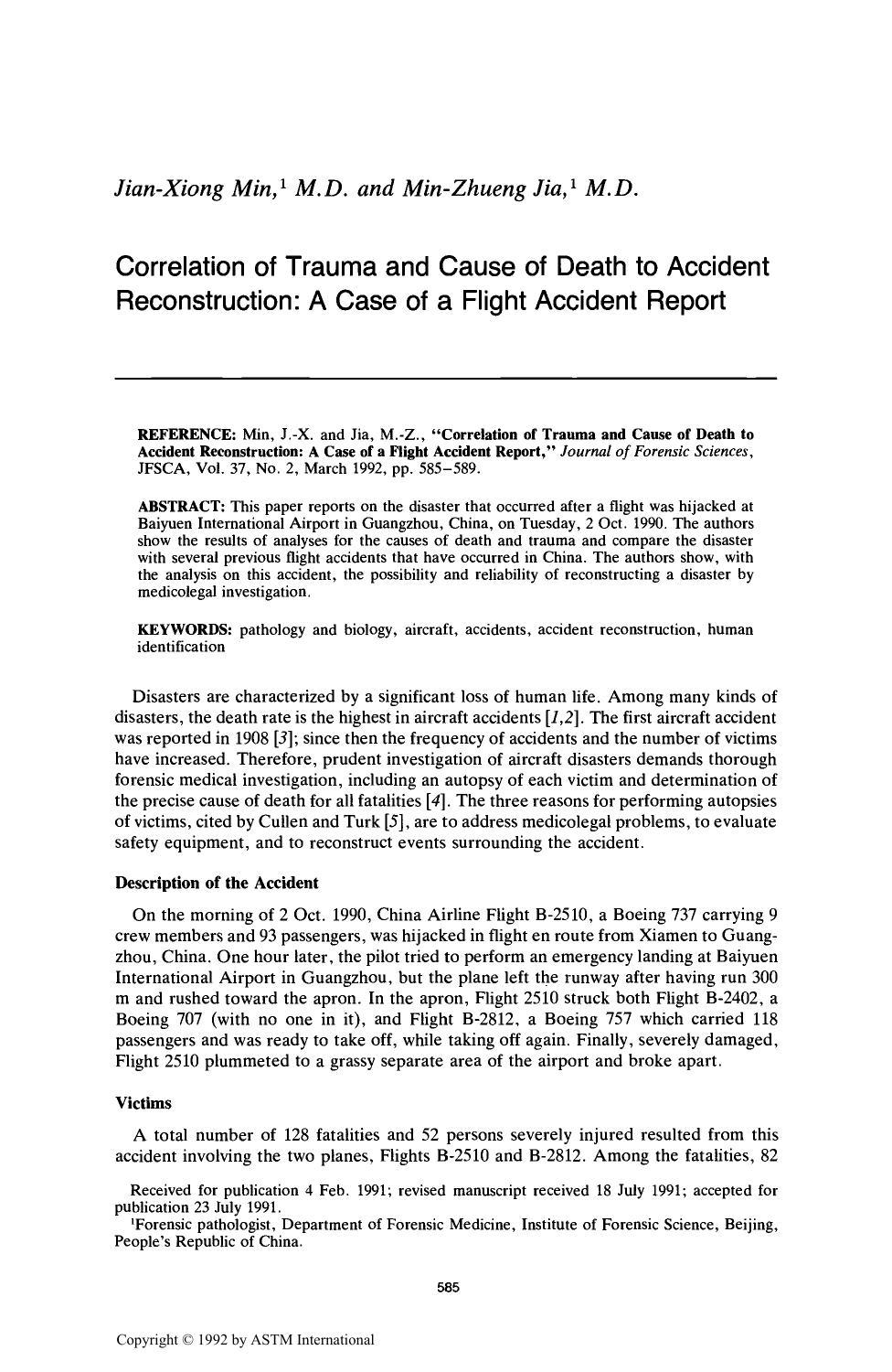 Correlation of Trauma and Cause of Death to Accident Reconstruction: A Case of a Flight Accident Report by Min J-X Jia M-Z