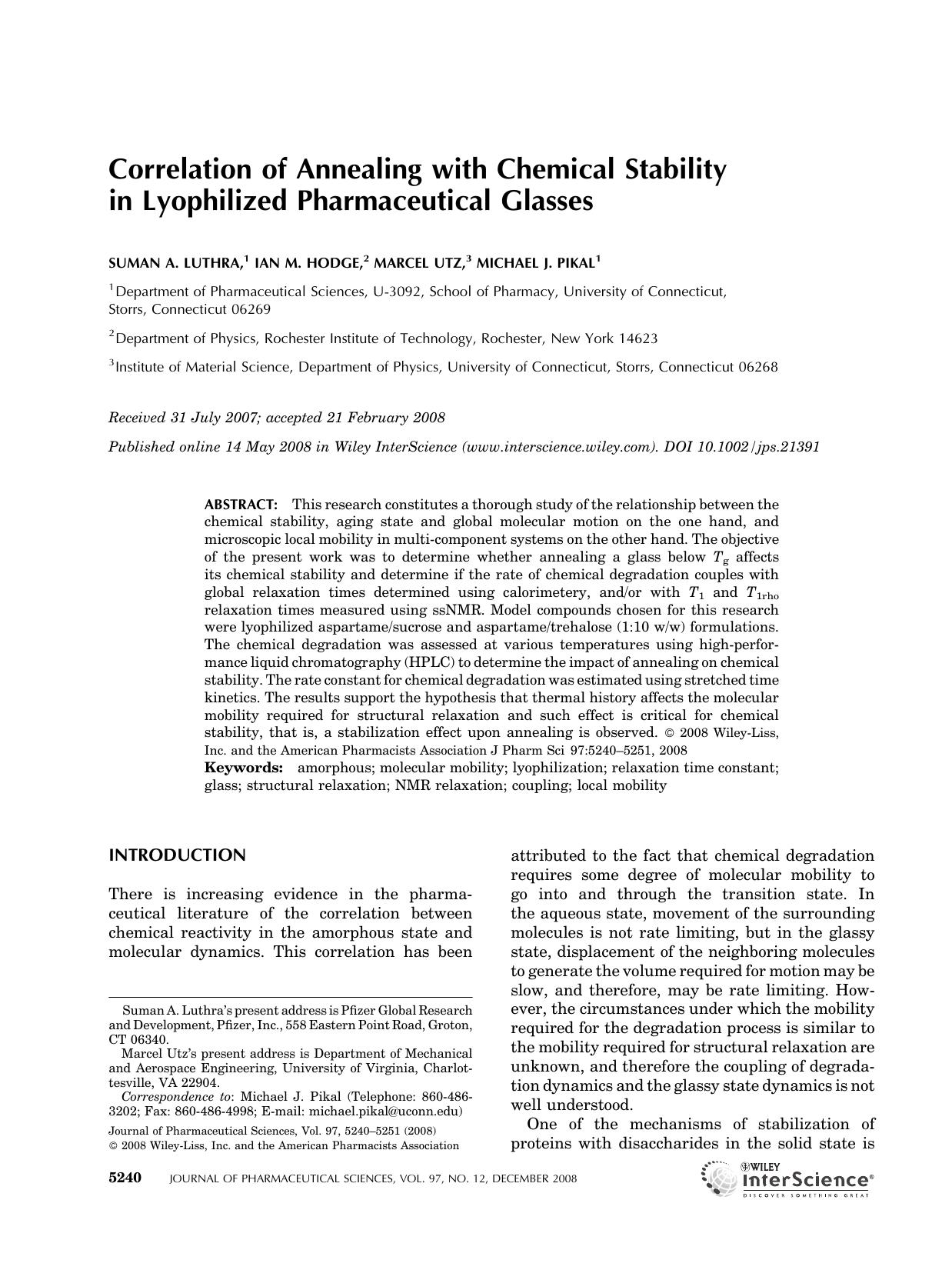 Correlation of annealing with chemical stability in lyophilized pharmaceutical glasses by Unknown