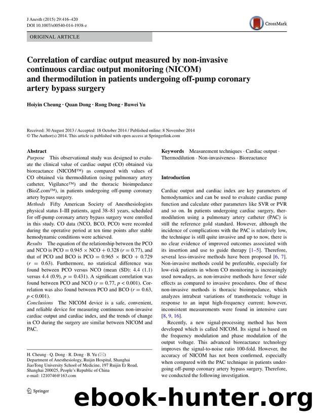 Correlation of cardiac output measured by non-invasive continuous cardiac output monitoring (NICOM) and thermodilution in patients undergoing off-pump coronary artery bypass surgery by Hoiyin Cheung & Quan Dong & Rong Dong & Buwei Yu