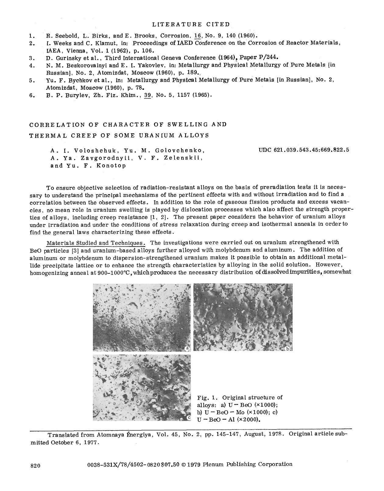 Correlation of character of swelling and thermal creep of some uranium alloys by Unknown