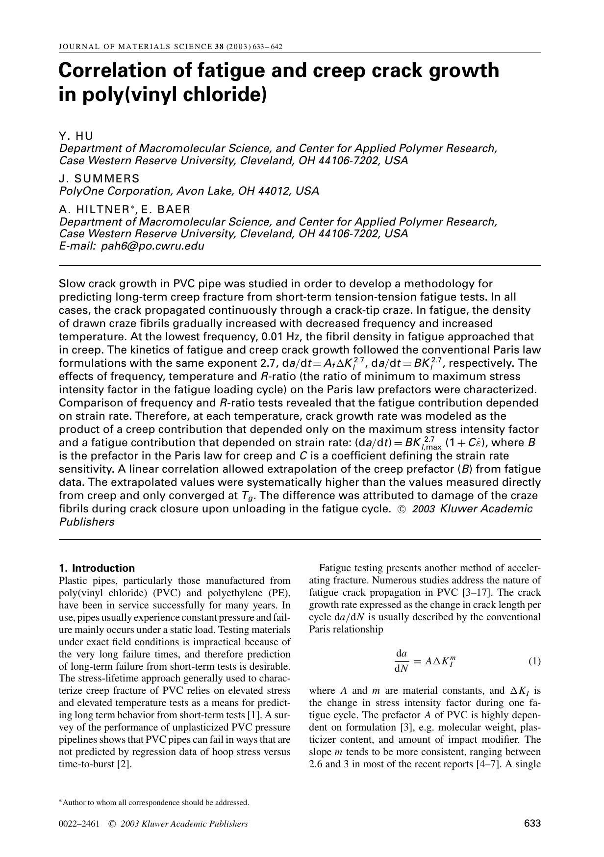 Correlation of fatigue and creep crack growth in poly(vinyl chloride) by Unknown