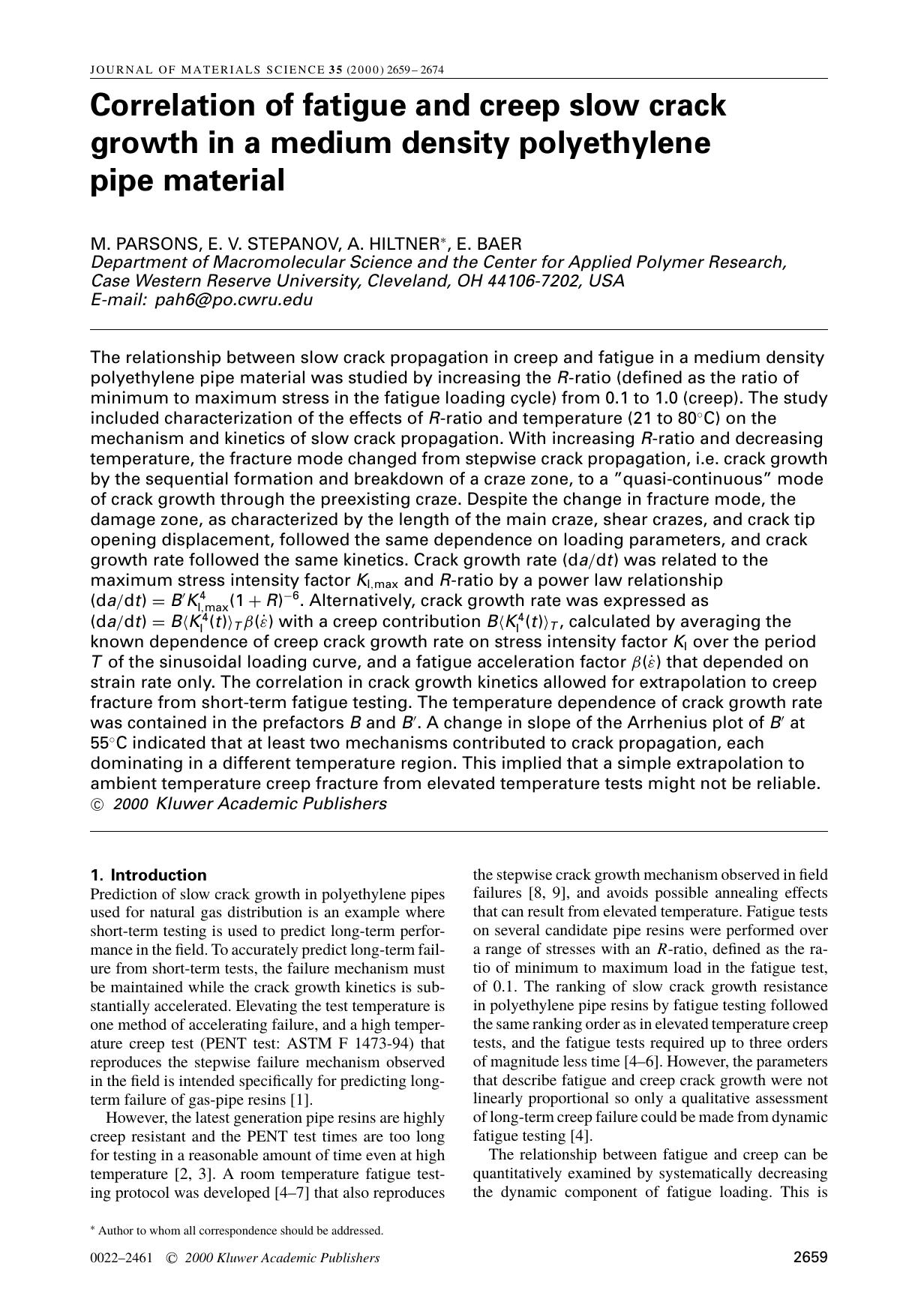 Correlation of fatigue and creep slow crack growth in a medium density polyethylene pipe material by Unknown