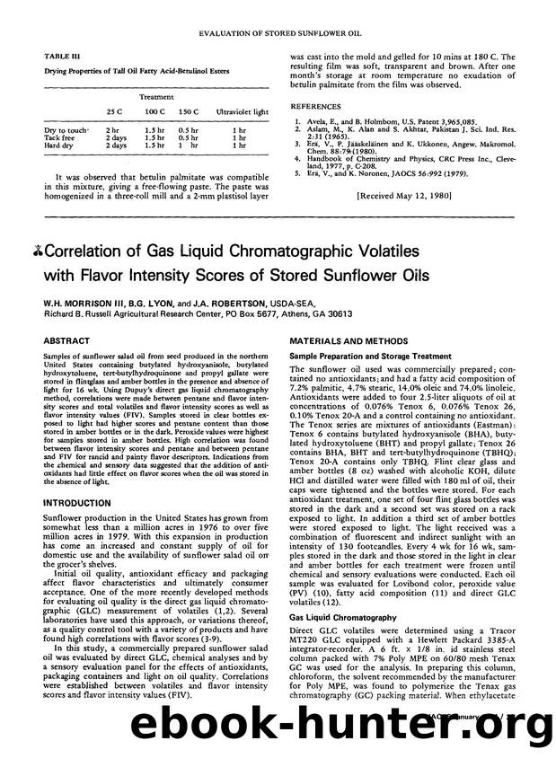 Correlation of gas liquid chromatographie volatiles with flavor intensity scores of stored sunflower oils by Unknown