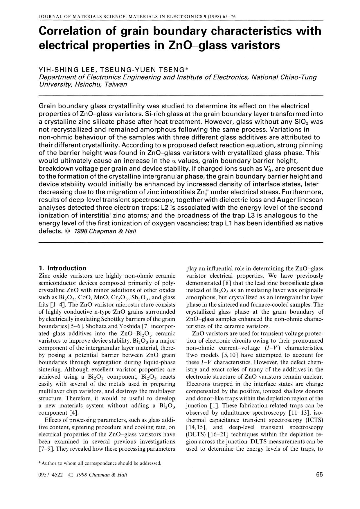 Correlation of grain boundary characteristics with electrical properties in ZnO–glass varistors by Unknown