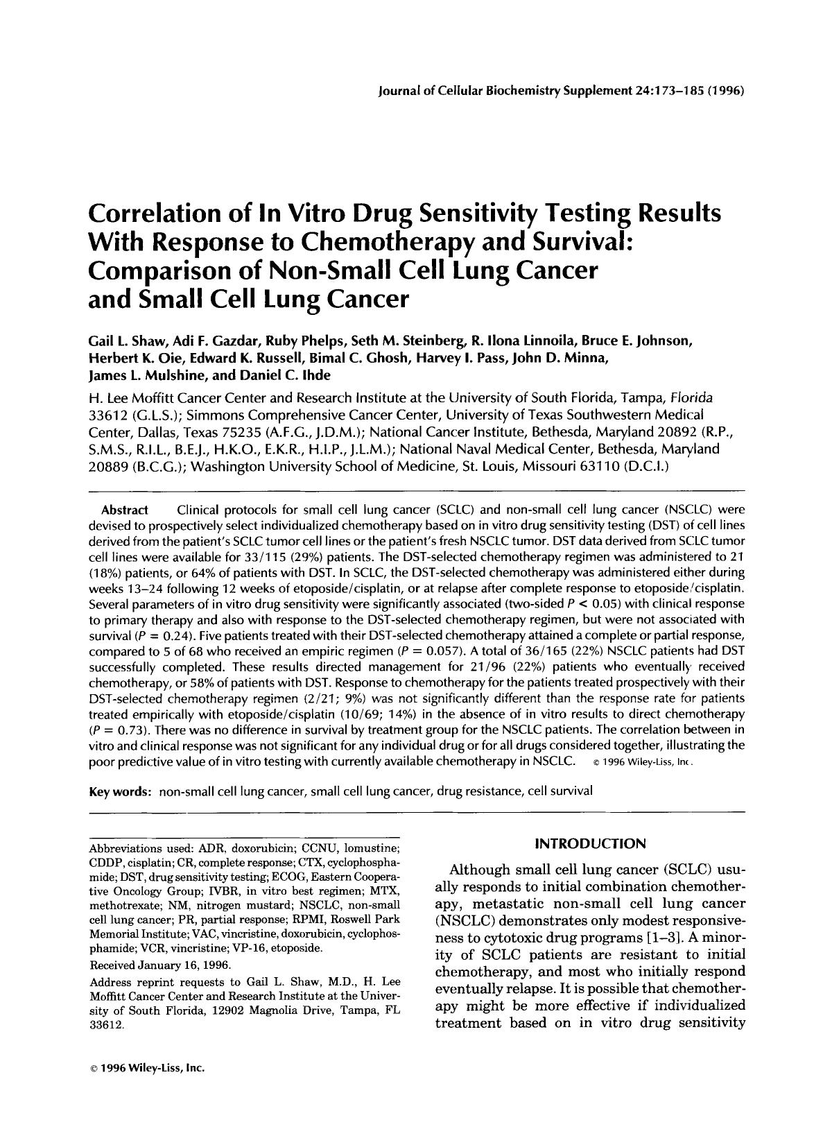 Correlation of in vitro drug sensitivity testing results with response to chemotherapy and survival: Comparison of non-small cell lung cancer and small cell lung cancer by Unknown