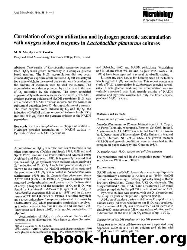 Correlation of oxygen utilization and hydrogen peroxide accumulation with oxygen induced enzymes in <Emphasis Type="Italic">Lactobacillus plantarum<Emphasis> cultures by Unknown