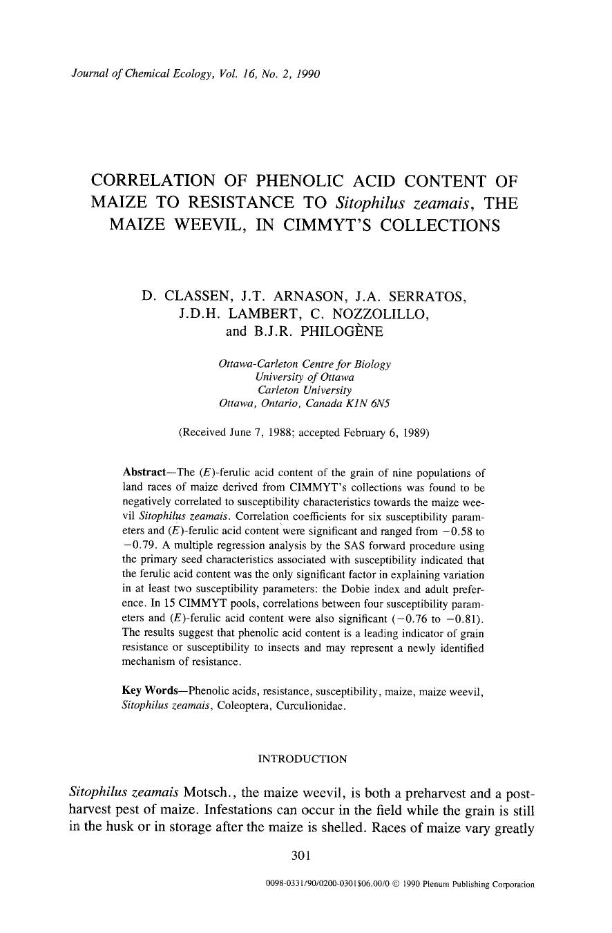Correlation of phenolic acid content of maize to resistance to <Emphasis Type="Italic">Sitophilus zeamais <Emphasis>, the maize weevil, in CIMMYT'S collections by Unknown
