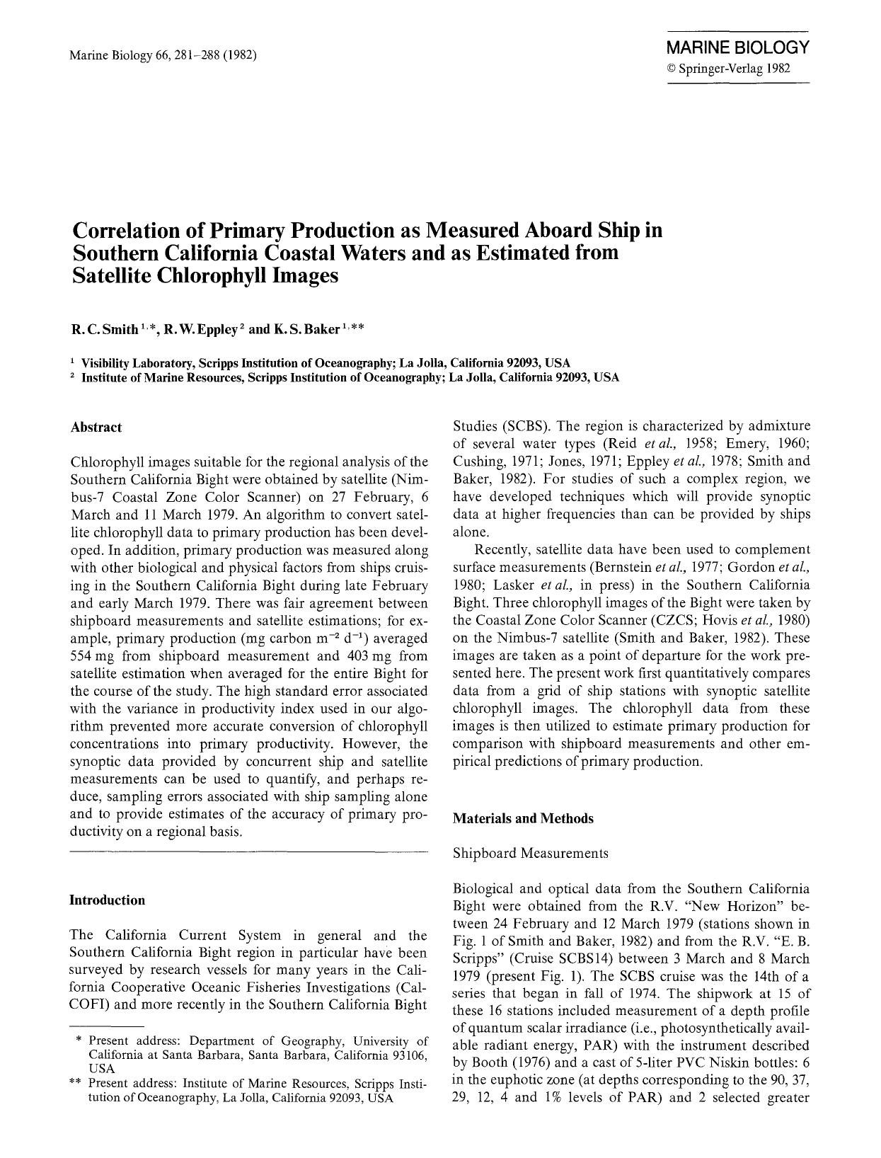 Correlation of primary production as measured aboard ship in Southern California Coastal waters and as estimated from satellite chlorophyll images by Unknown