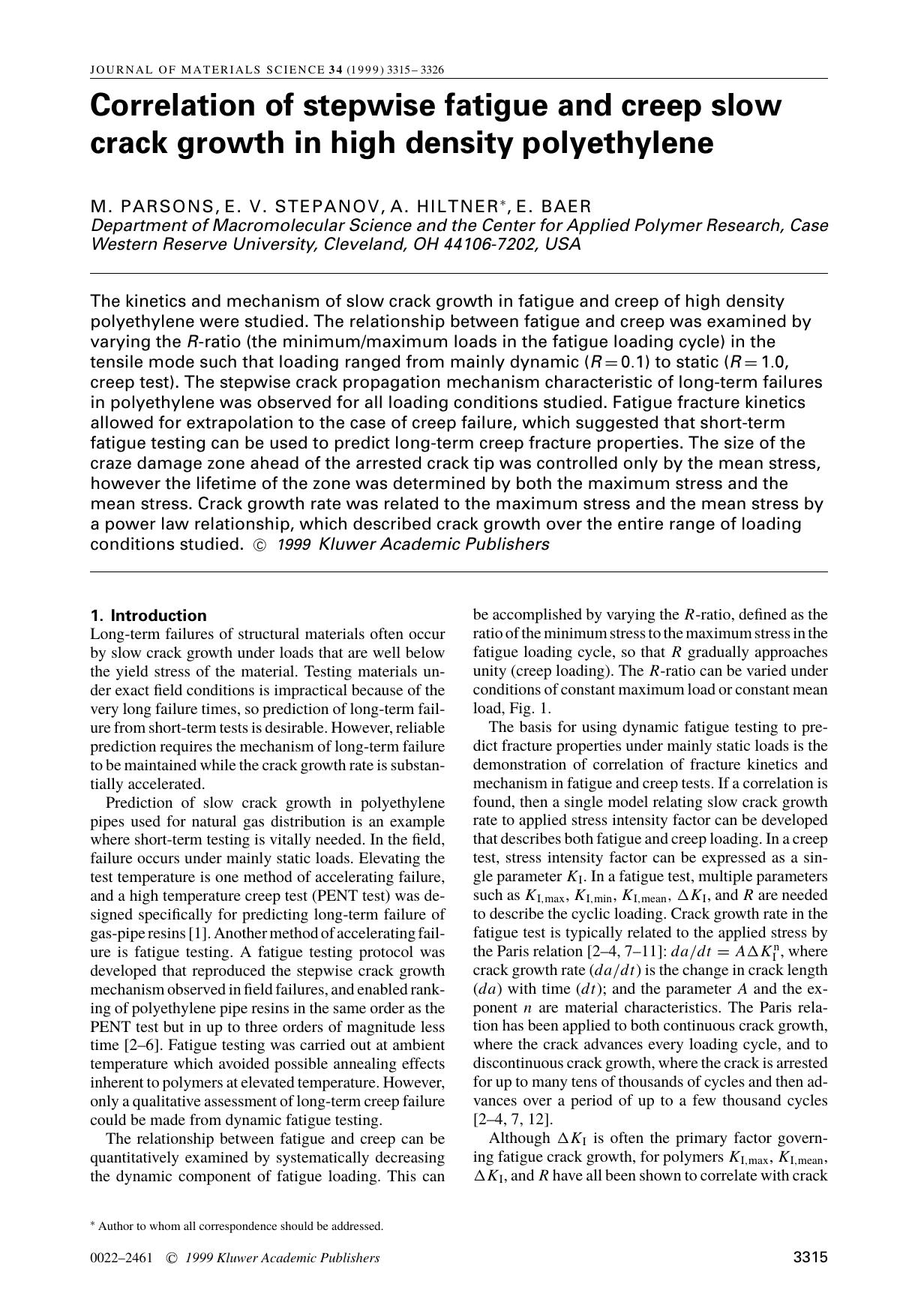 Correlation of stepwise fatigue and creep slow crack growth in high density polyethylene by Unknown
