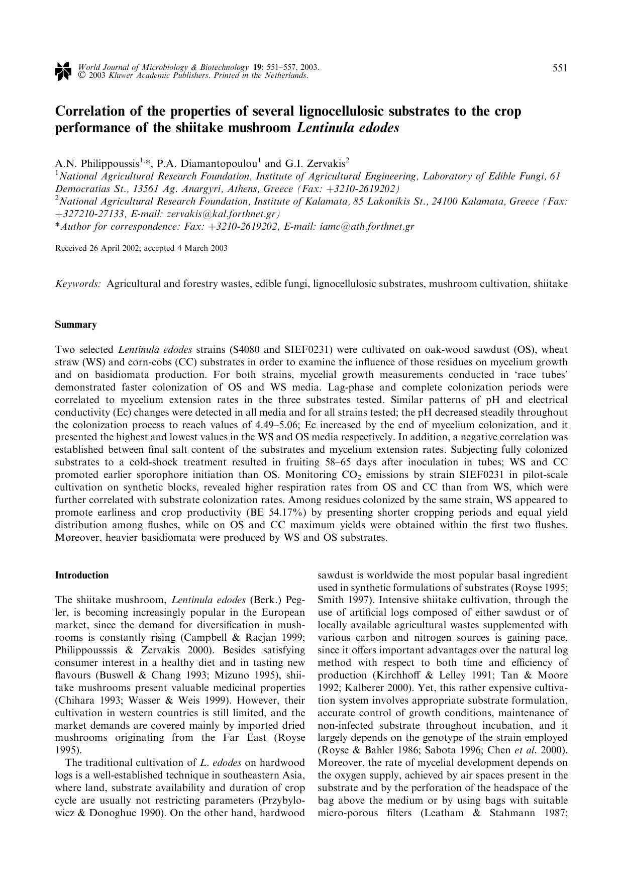Correlation of the properties of several lignocellulosic substrates to the crop performance of the shiitake mushroom <Emphasis Type="Italic">Lentinula edodes<Emphasis> by Unknown