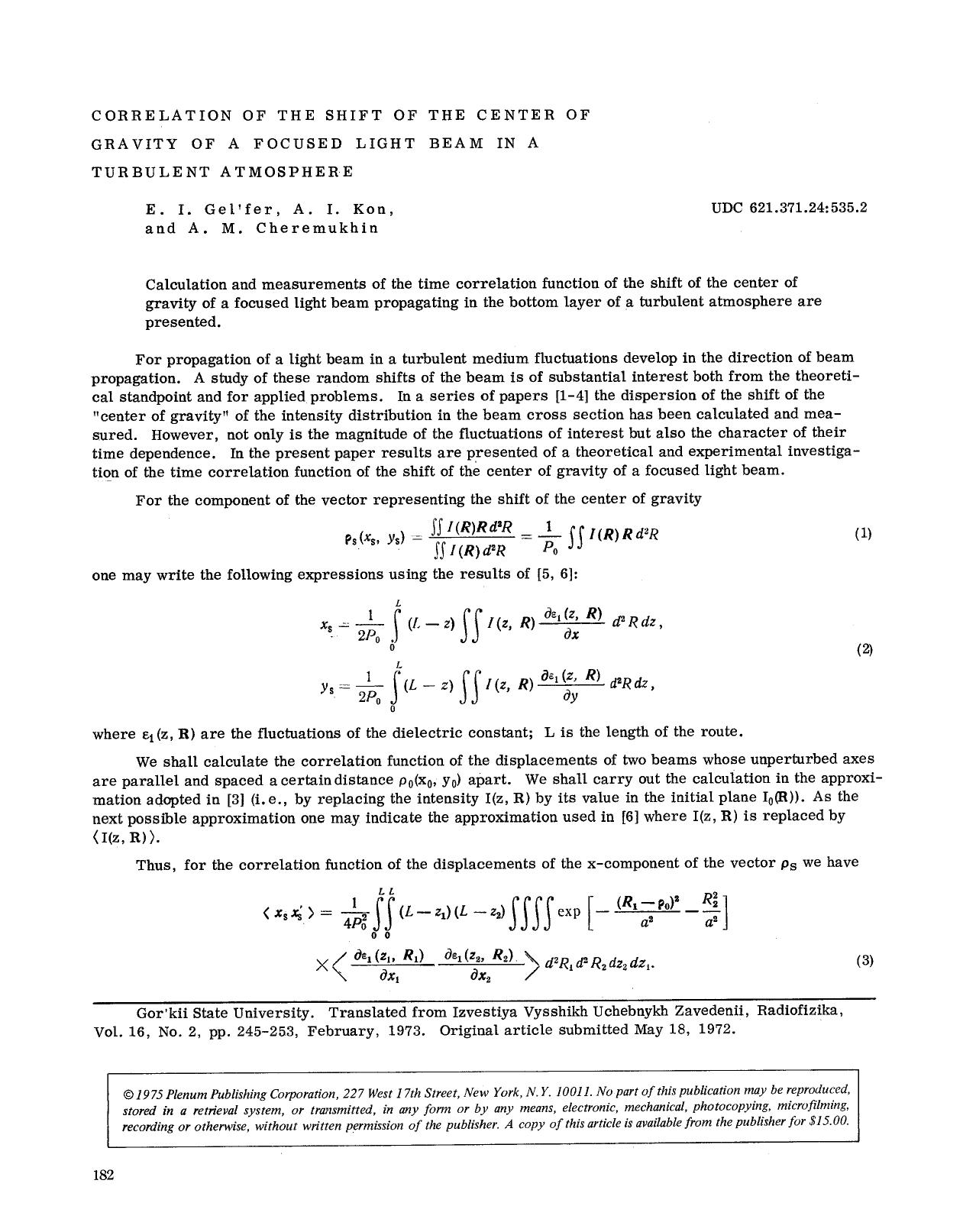 Correlation of the shift of the center of gravity of a focused light beam in a turbulent atmosphere by Unknown
