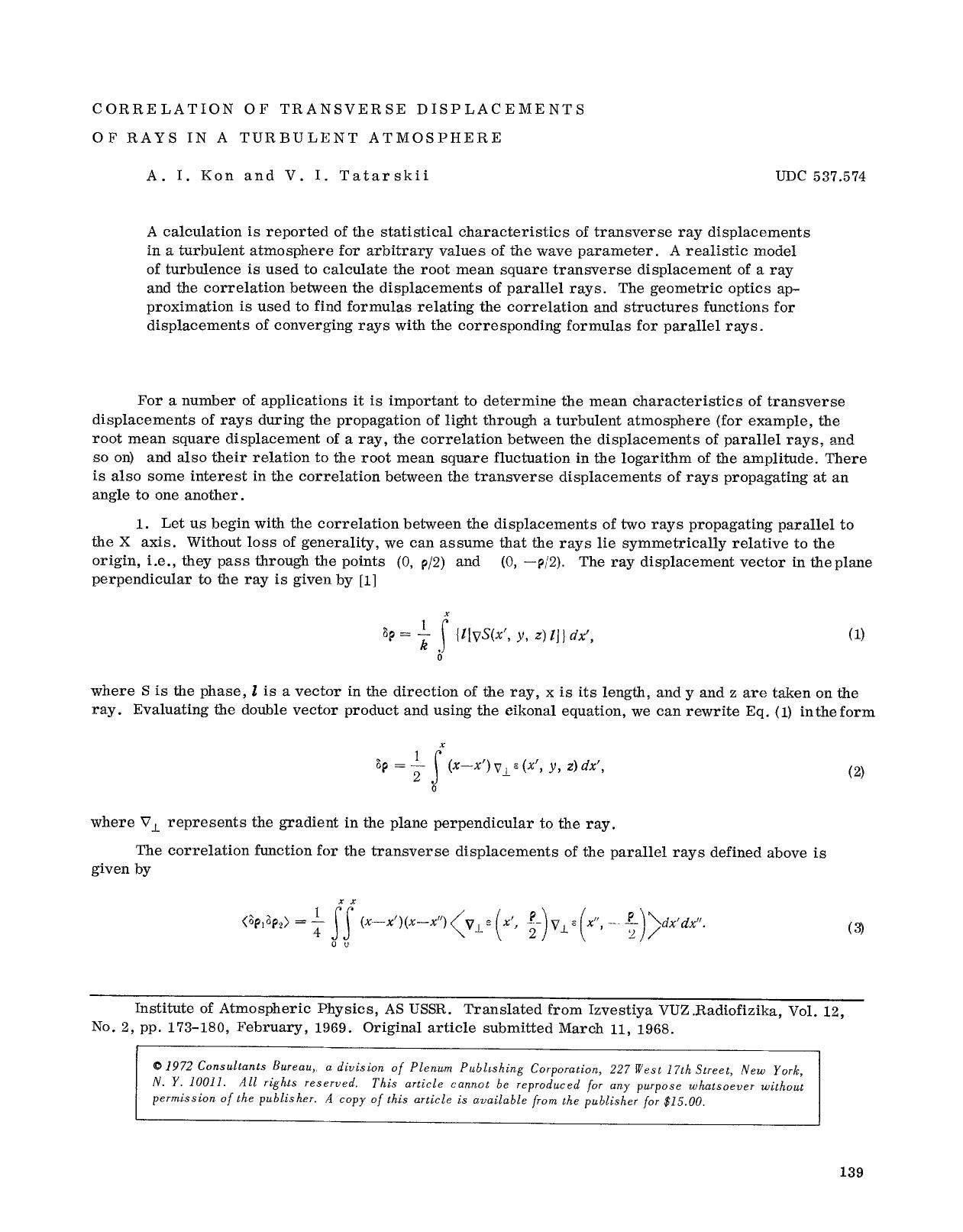 Correlation of transverse displacements of rays in a turbulent atmosphere by Unknown